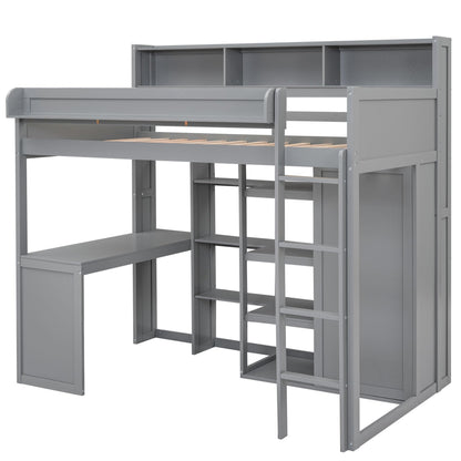 Bekeknlny Modern Twin Size Loft Bed with Built-in Desk,Wood Loft Bed with Multiple Storage Shelves and Wardrobe for Bedroom (Grey/Built-in Desk, Twin)