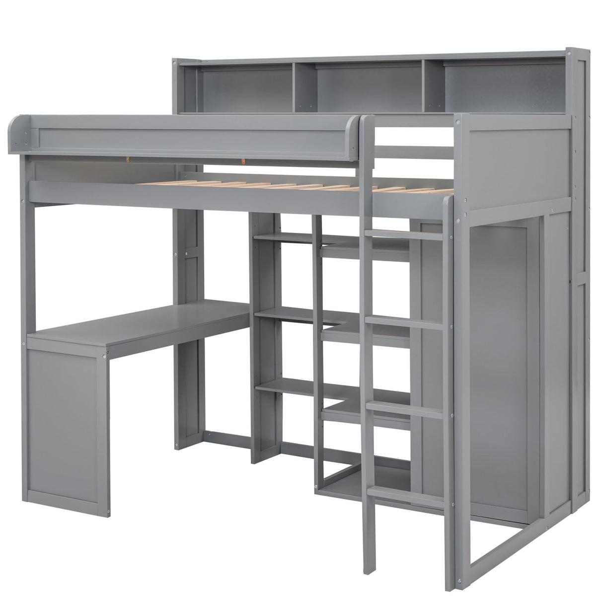Space-Saving Twin Size Loft Bed with Desk, Wardrobe, and Storage Shelves in Gray Brabrety