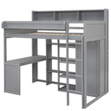 MERITLINE Twin Loft Bed with Desk and Storage Wardrobe & Shelves, Solid Wood Loft Bed Frame with Storage Shelves Bookcase Bookshelf for Teens Adults (Gray,Twin) MERITLINE