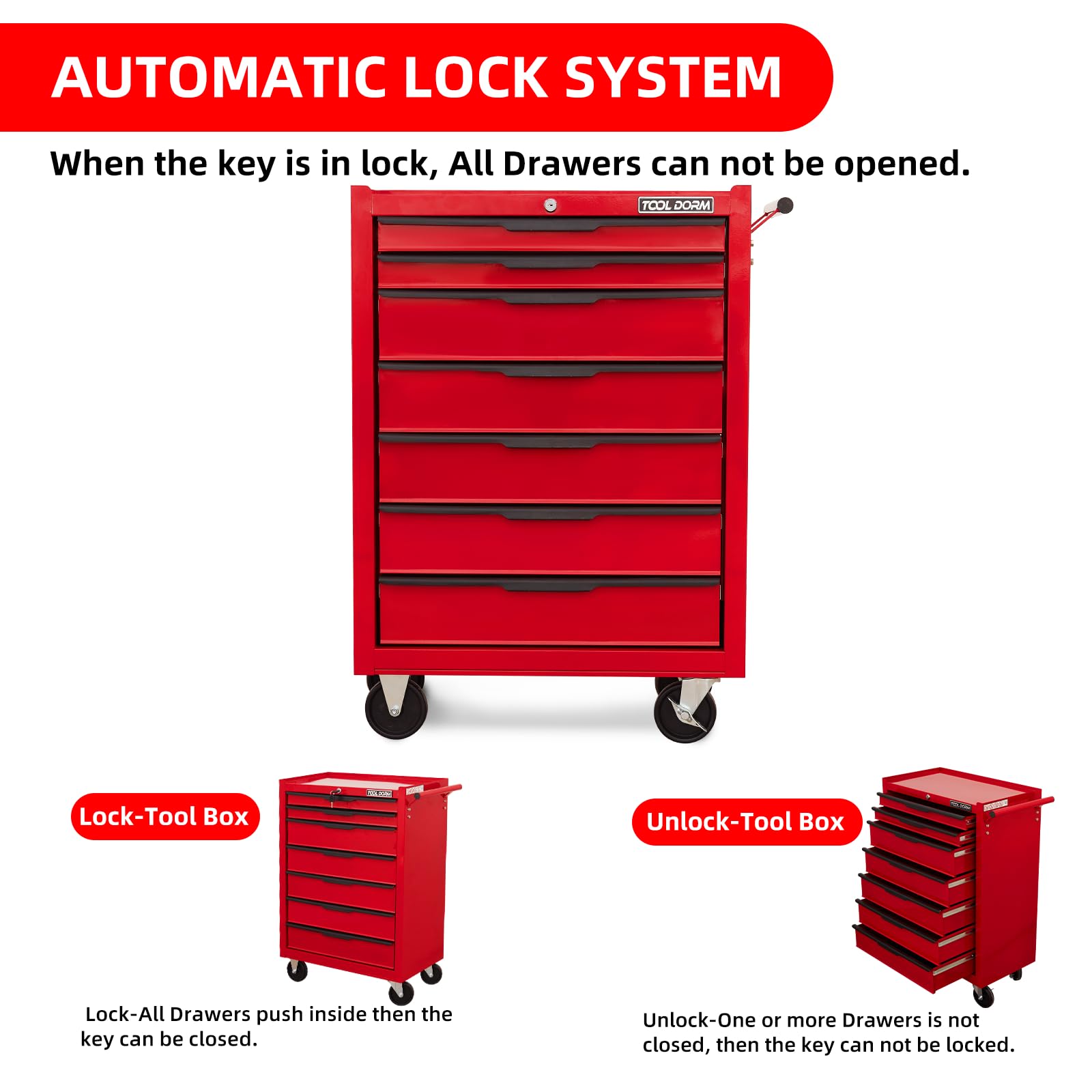 7-Drawer Rolling Tool Chest Cabinet, Large Capacity Metal Tool Box with Wheels and Keyed Locking, Roll Around Storage Organizer Tool Cart for Garage, Warehouse, Work Shop - Red - WoodArtSupply