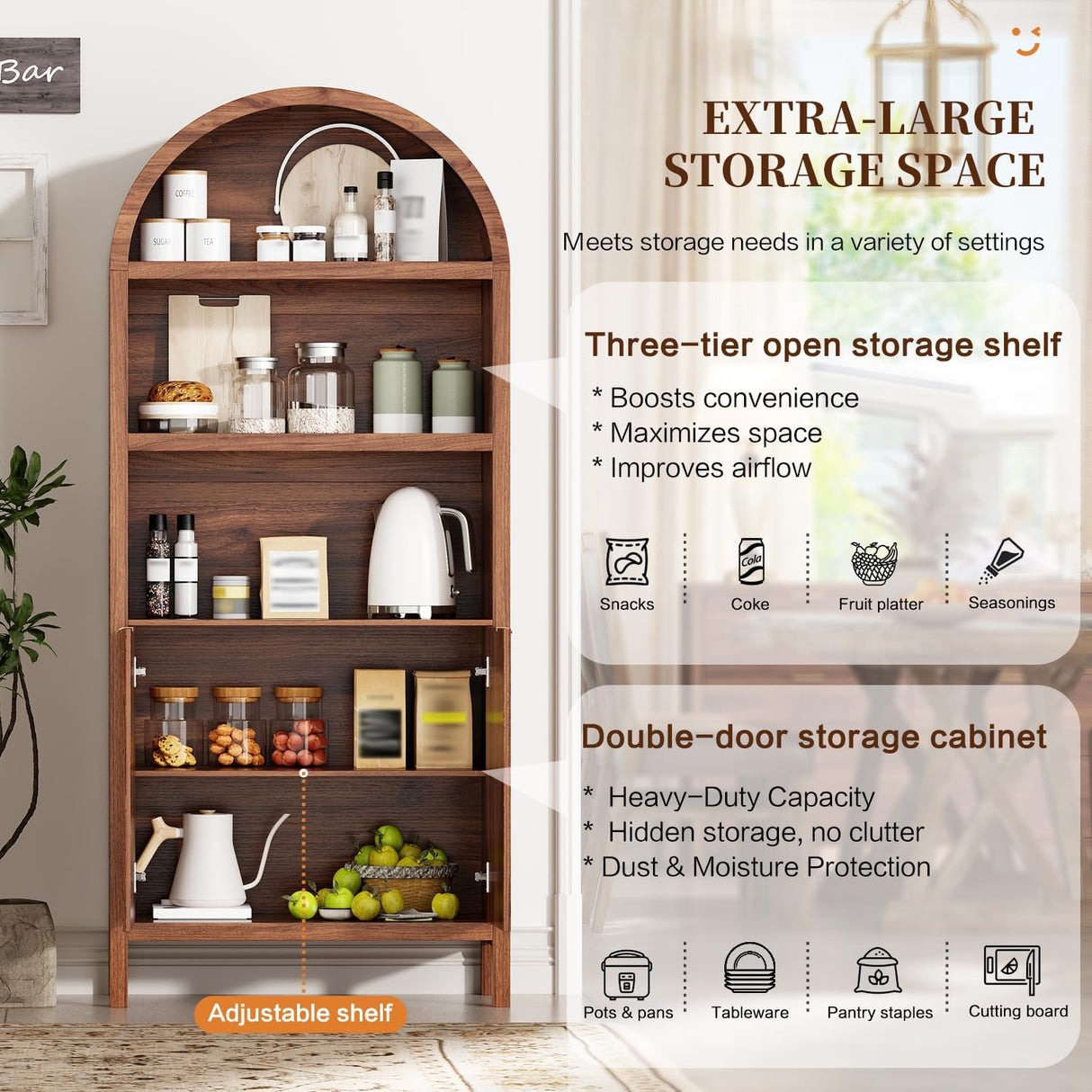 Ieejdn 71" Tall Arched Kitchen Pantry,Modern Fluted Wood Storage Cabinet with Doors,Adjustable Shelves,Organizer, Versatile Cupboard for Kitchen,Living Room,Dining Room,Bathroom,Walnut