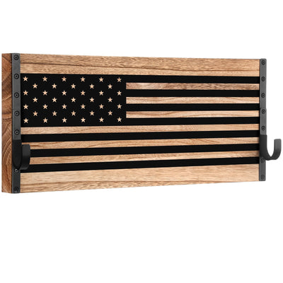 Weysat Wood American Flag Gun Rack Wall Mount with Adjustable Hooks 22 x 10 Inches Police Gear Rack Wall Mounted Rifle Display Case Gun Racks for Hunting Military Men, Law Enforcement Gifts