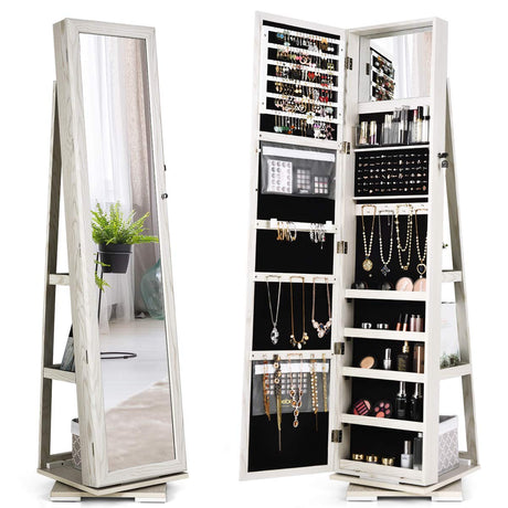 CHARMAID 360° Swivel Jewelry Armoire with Higher Full Length Mirror & Inside Makeup Mirror, Standing Lockable Jewelry Cabinet Organizer, Large Capacity, Back Storage Shelves (Grayish White) CHARMAID