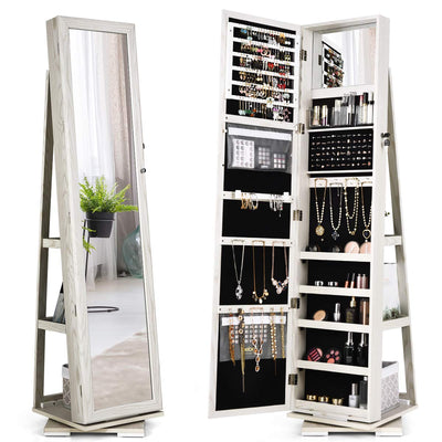 CHARMAID 360° Swivel Jewelry Armoire with Higher Full Length Mirror & Inside Makeup Mirror, Standing Lockable Jewelry Cabinet Organizer, Large Capacity, Back Storage Shelves (Grayish White)