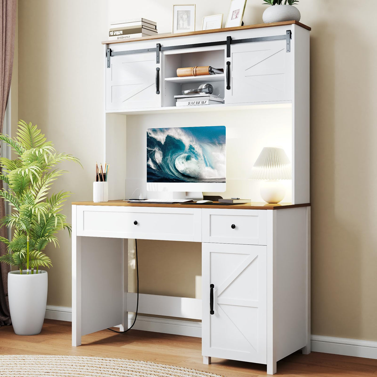 Zevemomo 47" Executive Desk, Computer Desk with Hutch, Farmhouse Desk with 3 Storage Cabinets, 2 Drawers & Built-in Charging Station, Writing Table for Office, Bedroom, Or Study Room-White Zevemomo
