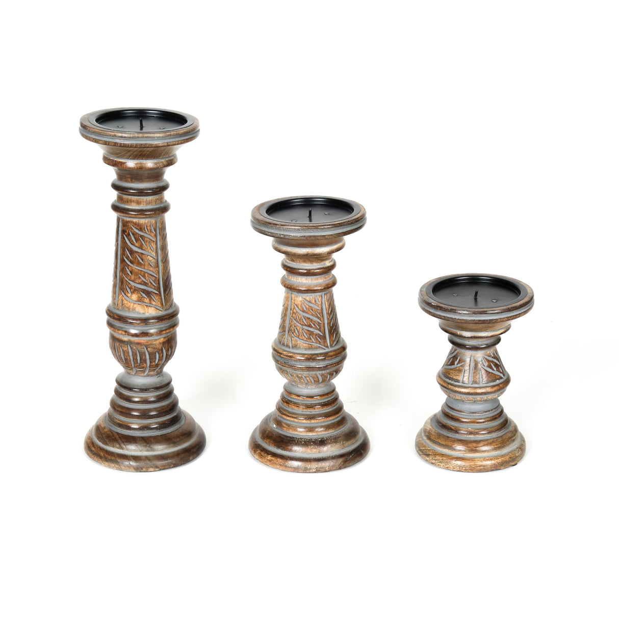 Candle Holders for Pillar Candles (Grey Wash, Set of 3) - Mangowood Candle Stand - Farmhouse Wooden Candle Holders Pillar Leaf Design - Candle Holder Decor for Table Centerpiece - 6”, 9”, 12” The Wooden Town