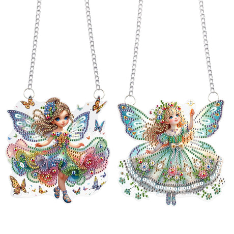 2 Pcs Diamond Painting Fairy Ornaments – DIY Acrylic Hanging Decorations with Chains, Cute Butterfly Flower Elf Girl Design for Home Decor, Gifts, and Crafts antor