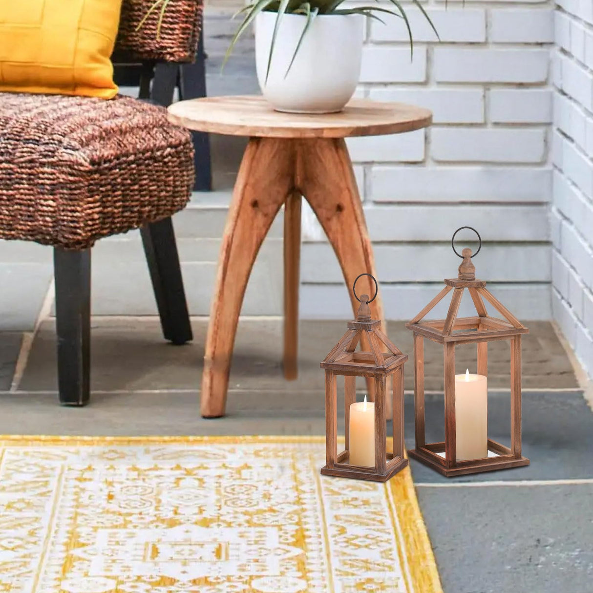 Staymoment Wooden Decorative Candle Lanterns Set of 2, Indoor Rustic Hanging Candle Holder for Centerpiece Mantle Shelf Porch, 12" & 16" Farmhouse Home Decor Wedding Table Decoration, Brown Staymoment