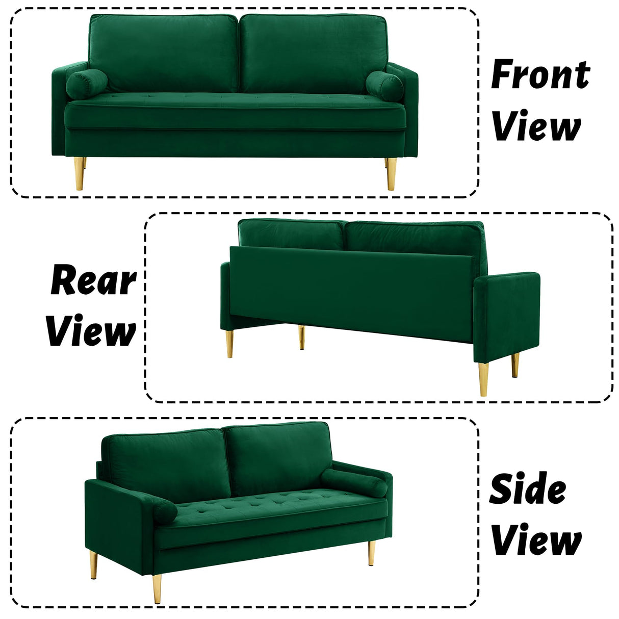 HRVEOCEI 65 Inch Green Velvet Couch, Small Loveseat Sofa & Office Sofa for Small Space, Couch for Bedroom Livingroom, 2 Pillows, Gold Legs, Tufted Seat (Green) HRVEOCEI