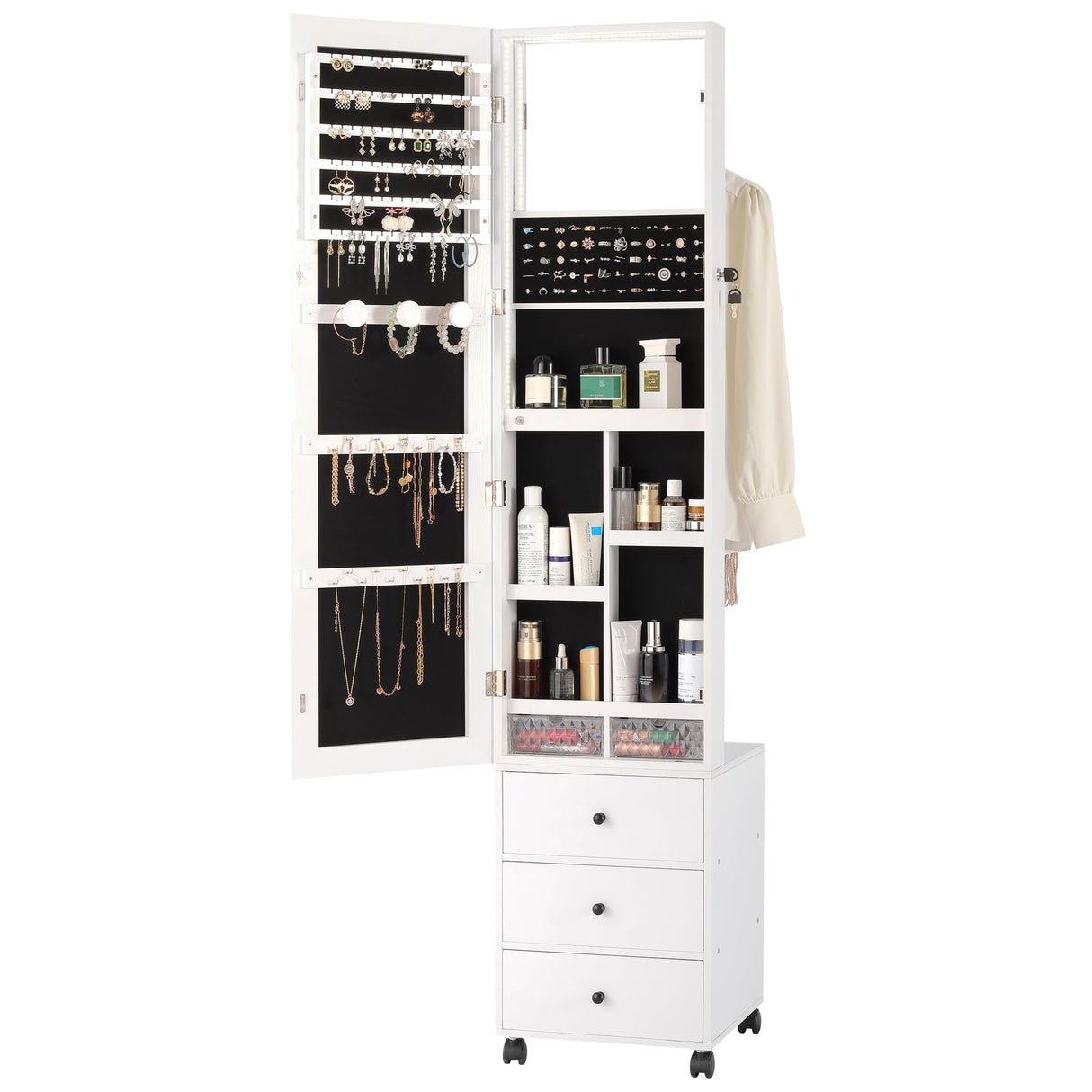 IRONCK Jewelry Cabinet with 3 Drawers, Lockable Standing Jewelry Armoire Organizer with Garment Rack, Full Length Mirror with Jewelry Storage and 4 Wheels for Bedroom, Cloakroom, White IRONCK