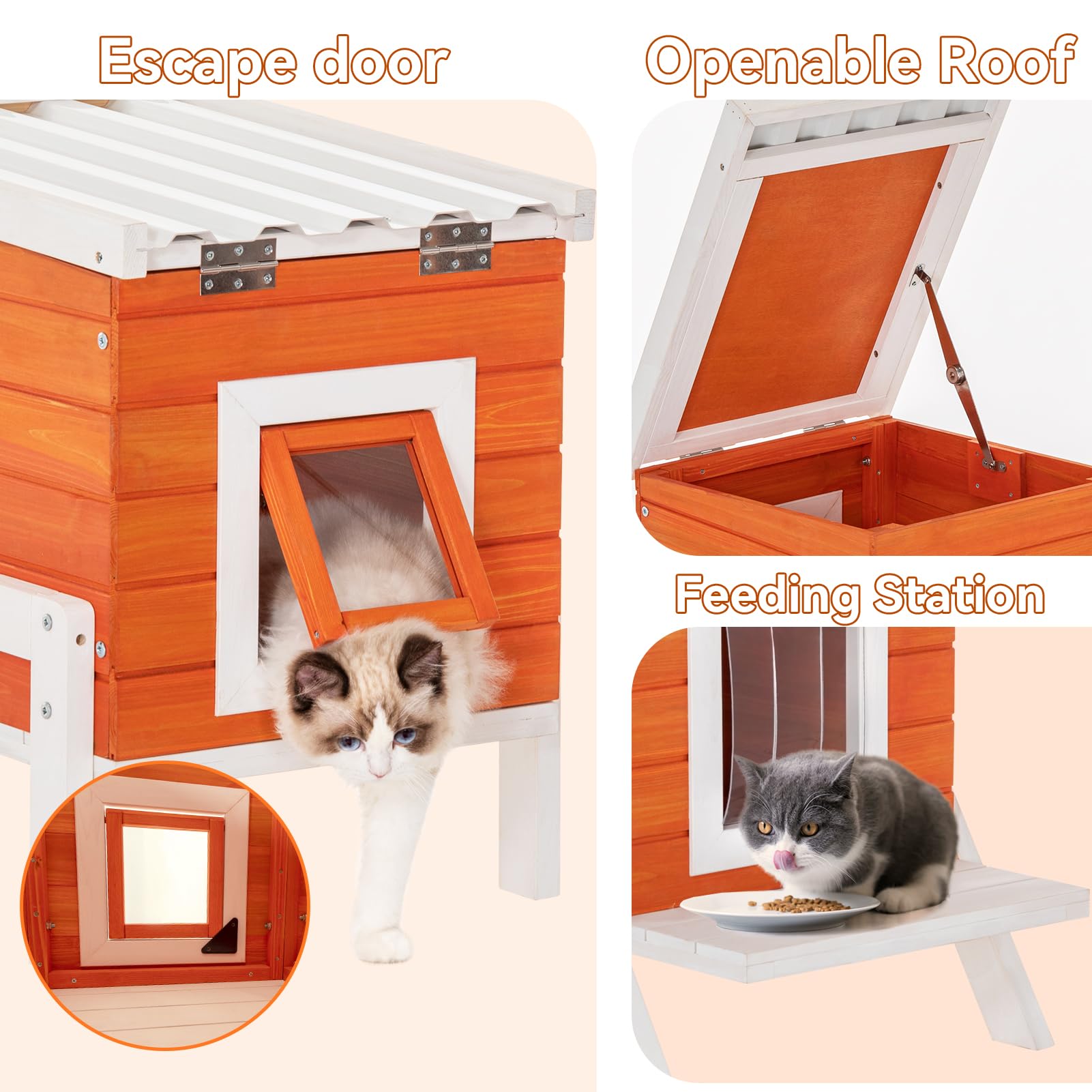 Petsfit Cat House Outdoor, Insulated High Feet + Feeding Station +Door Curtain, Wood Outside Cat House, Bunny Rabbit Hutch Orange - WoodArtSupply