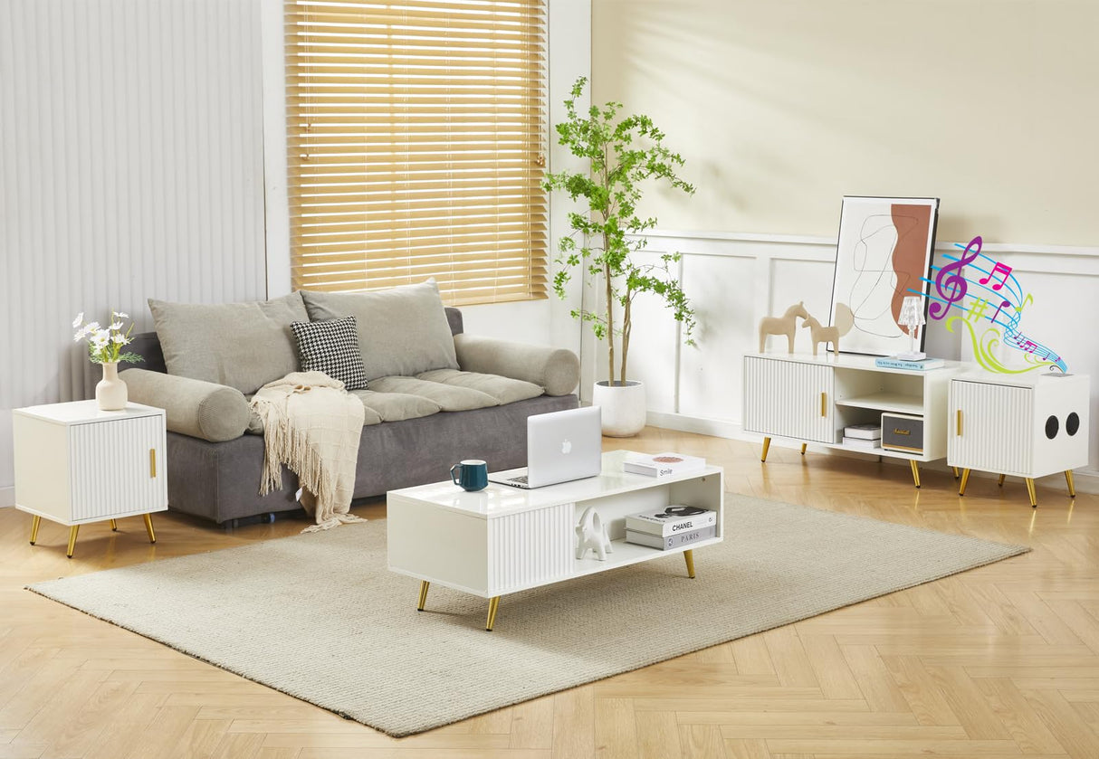 COSVALVE 41.3IN LED White Coffee Tables for Living Room with 16 Colors LED Lights, Modern Minimalist Coffee Table with Fluted Panel, Rectangle Center Table Game Table COSVALVE