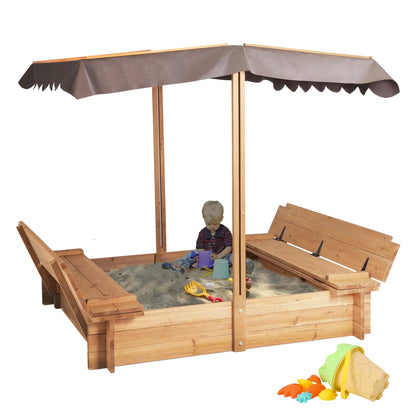 AIUEKES Kids Wooden Sandbox with Adjustable Canopy, Sand Box with Foldable Bench Seats for Aged 3-8 Years Old, Outdoor Sand Pit for Backyard Garden. - WoodArtSupply