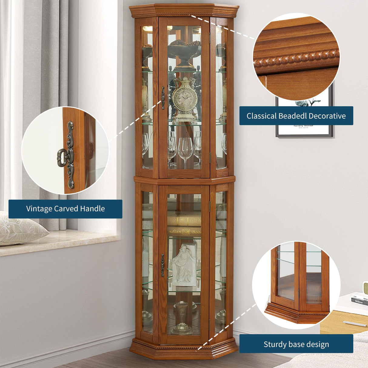 Yayzy Lighted Corner Display Curio Cabinet Wooden Curved Shelving Unit with Tempered Glass Door, Bar and Liquor Storage Area with 6 Shelves (Corner Shape, Oak) Yayzy