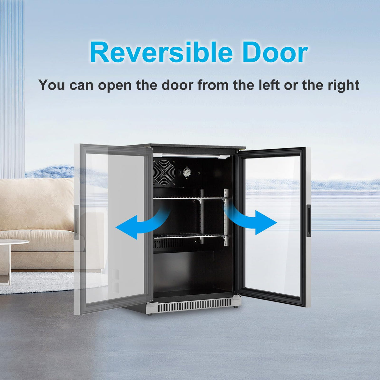 Weili 20 Inch Built in Beverage Fridge with Glass Door, 120 Can Under Counter Soda Beer Drink Refrigerator with Blue LED Light for Home Office or Bar, 36-50°F Auto Defrost Weili