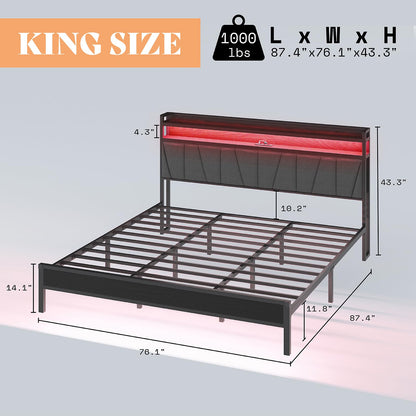 AMERLIFE King Size LED Bed Frame with RGB Lights, Charging Station & Storage Headboard, Black - WoodArtSupply