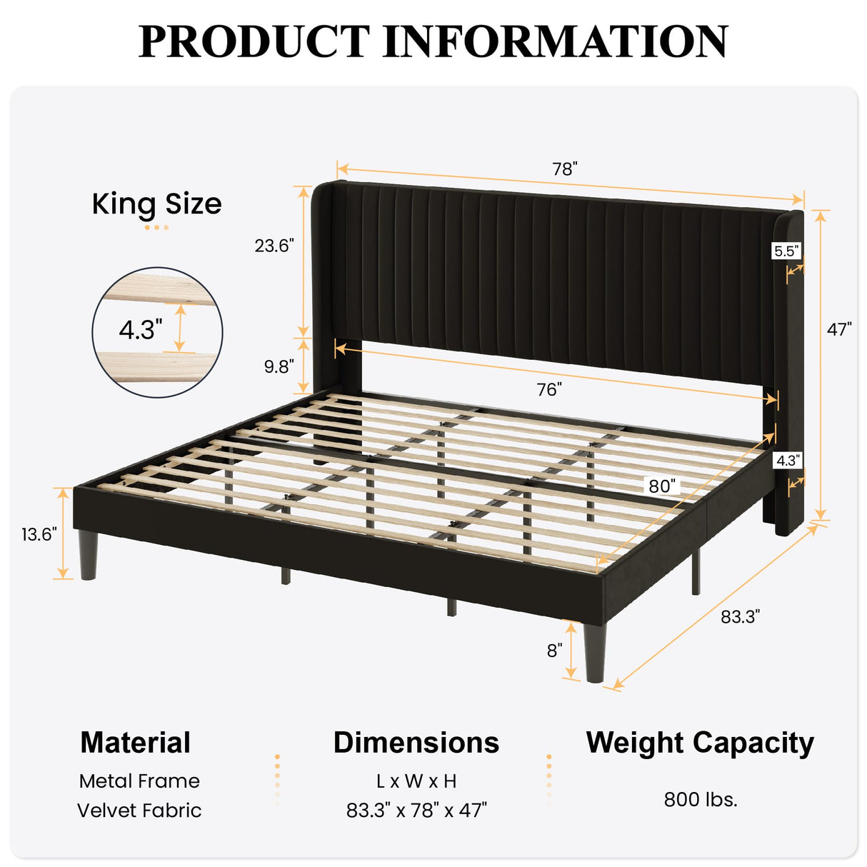 SHA CERLIN King Size Velvet Bed Frame with Vertical Channel Tufted Wingback Headboard, Upholstered Platform Bed with Wood Slats, No Box Spring Needed, Easy Assembly, Black SHA CERLIN