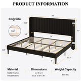 SHA CERLIN King Size Velvet Bed Frame with Vertical Channel Tufted Wingback Headboard, Upholstered Platform Bed with Wood Slats, No Box Spring Needed, Easy Assembly, Black SHA CERLIN