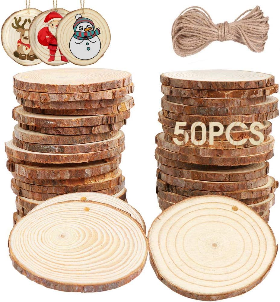 AerWo Natural Wood Slices 50Pcs, DIY Wooden Christmas Ornaments Unfinished Wood Kit Predrilled with Hole Wooden Circles Wood Rounds for Crafts Rustic Christmas Tree Ornaments Decorations, 2-2.5inch