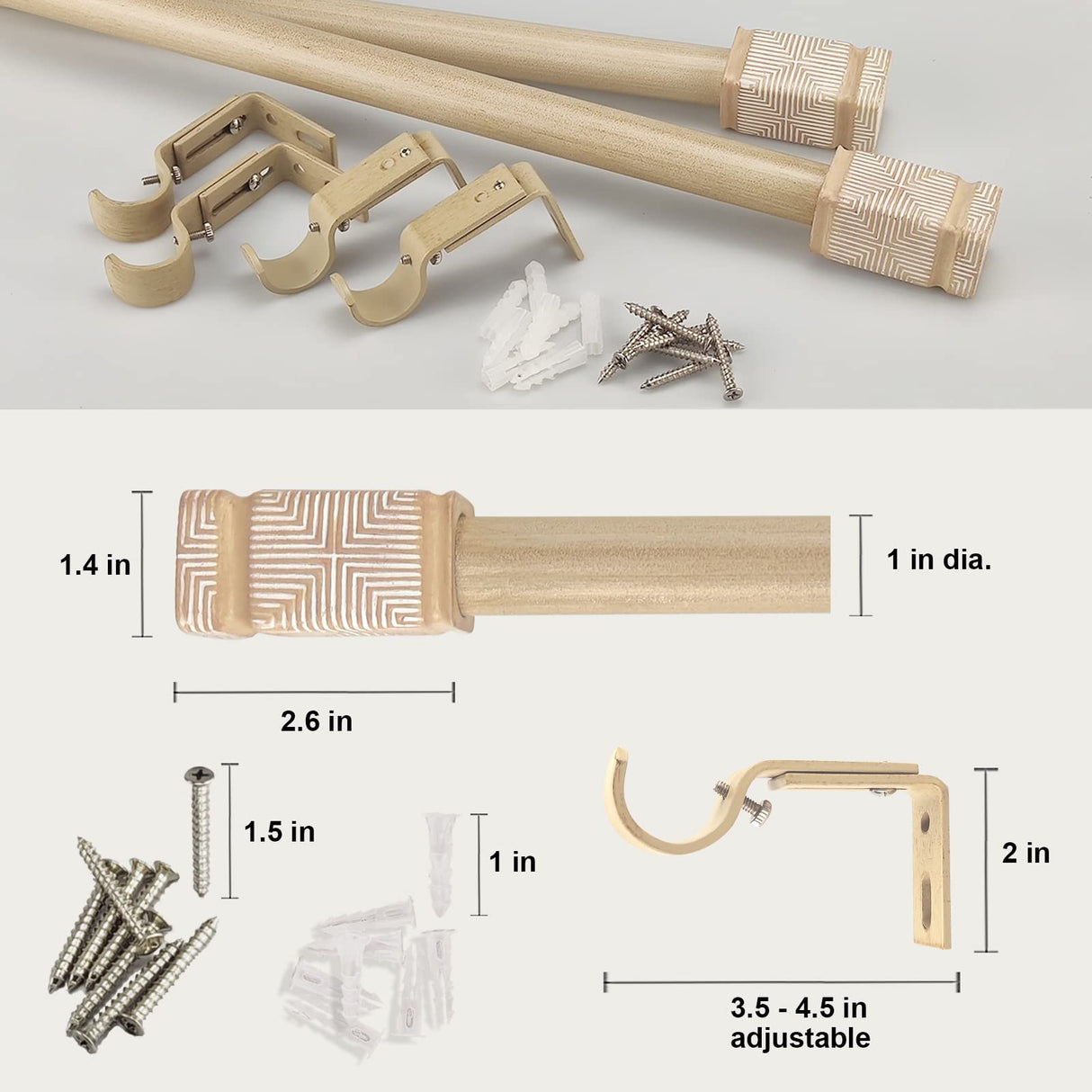 SKYPLUS LIVING Rustic Boho Style Single Curtain Rod Set with Carved Square Finial,72-144 inch, Standard Single Beige Drapery Rod for 1 Pack, 1 inch diameter, Adjustable Length SKYPLUS LIVING