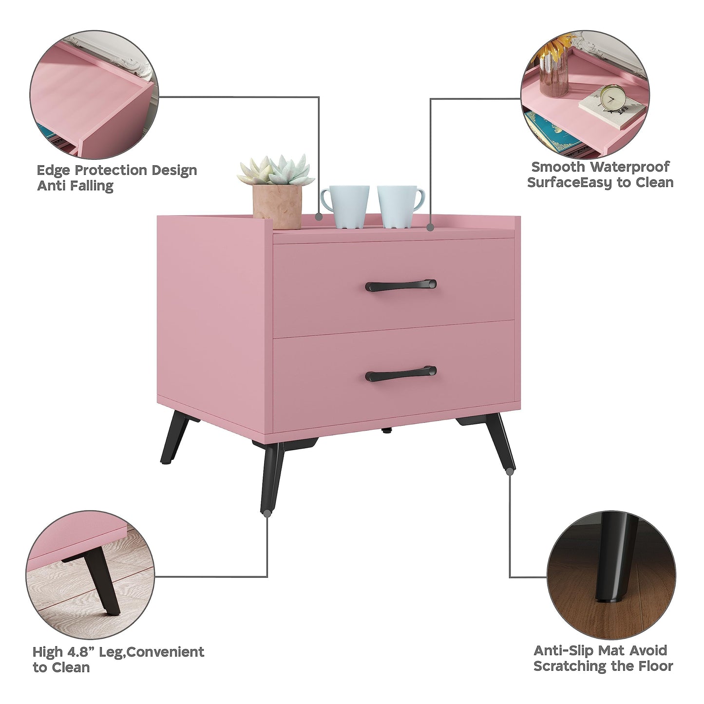 ZeeFu Pink Nightstand with 2 Storage Drawer,Modern Classics Bedside Table with Metal Legs,Minimalist and Practical End Side Table, Bedside Furniture for Bedroom, Closet, Dorm,Easy Assembly