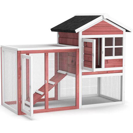 Tangkula Wood Rabbit Hutch, Outdoor Indoor Bunny Cage with Run, Removable Tray, Ramp, Ventilate Door, Waterproof Roof Chicken Coop Pet House for Chicken Rabbit Guinea Pig, 48.5 x 25 x 37 Inch, Red Tangkula