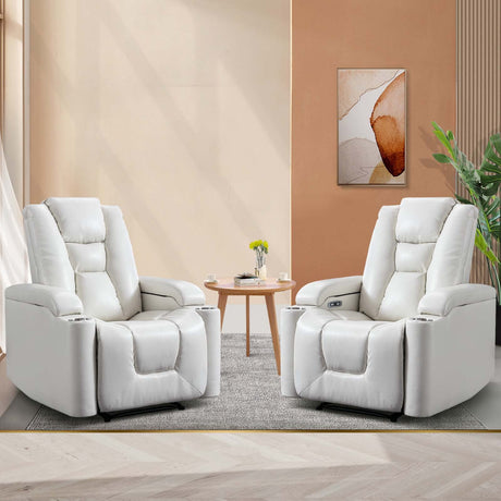 ANJ White Power Recliner Chair Set of 2, Electric Home Theater Seating Soft Leather Reclining Chairs for Movie Room Overstuffed Recliners with Hidden Arm Storage, Cup Holders and USB Ports ANJ