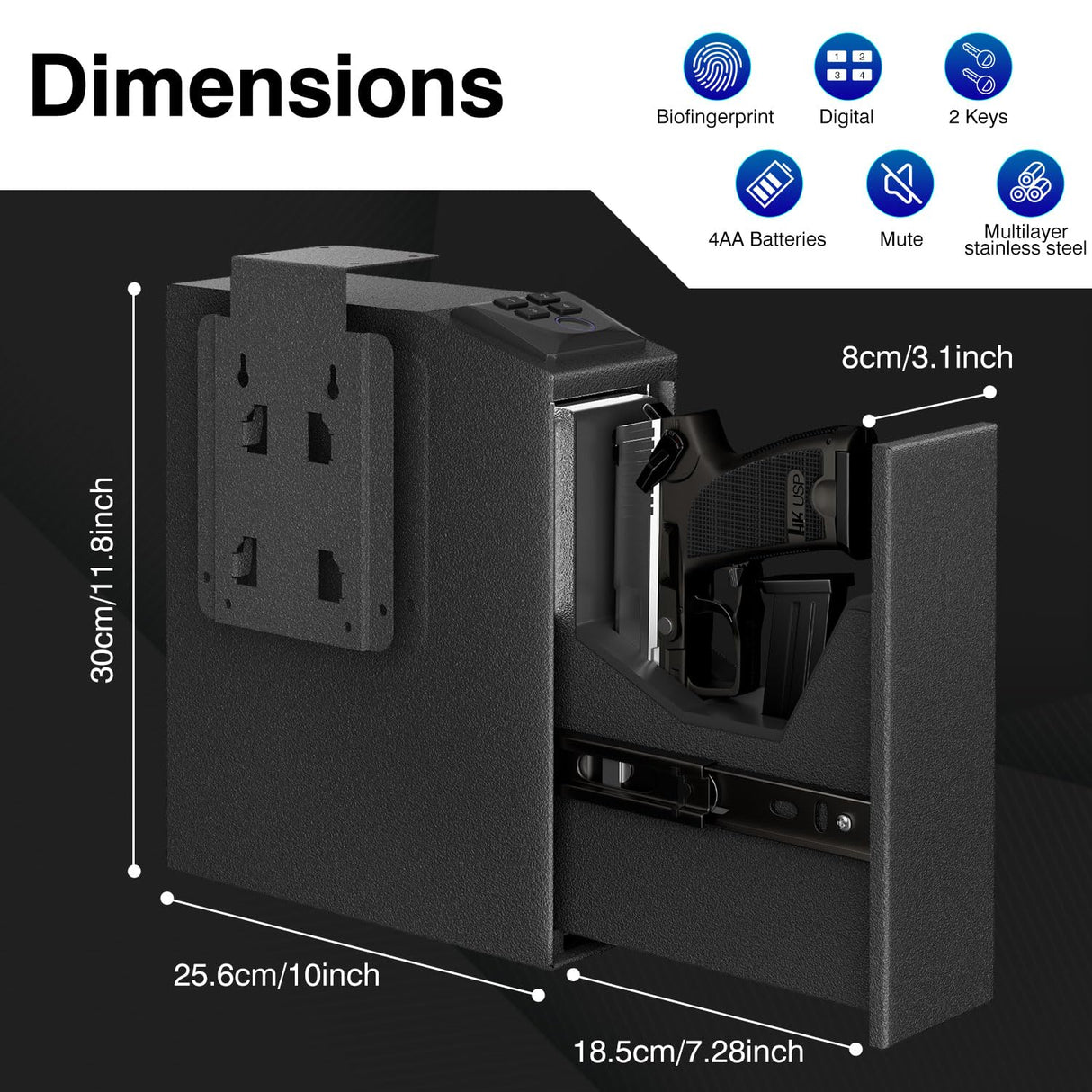 Arvilon Slider Handgun Safe for Nightstand, Biometric Beside Gun Safe for Pistols with Quick Access Sliding Door, Pistol Safes for Wall Bedside Desk Vehicle with the Fingerprint, Keypad Arvilon
