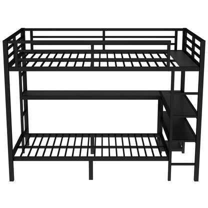 JIJIWANG Queen Over Twin XL Metal Bunk Bed/Loft Bed with Desk and Shelves, Multiple Uses Folds into Sofa with LED and USB, Safety Guard & Ladder, No Box Spring Needed, Black