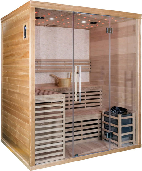 Canadian Hemlock Wood Traditional Swedish Wet or Dry 4-5 Person Glass Wall Sauna, with 6KW Heater, Rocks, Water Bucket, Ladle, LED Lights MCP-Distributions
