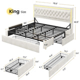 BTHFST Upholstered LED Bed Frame King Size with 3 Storage Drawers, Hidden Storage Headboard with Charging Station, Velvet Button Tufted Headboard Platform Bed, Beige BTHFST