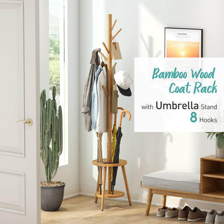 Coat Rack, Bamboo Wood Coat Freestanding with Umbrella Holder, Adjustable Height Coat Stand with 8 Hooks, kids coat rack, Used In The Bedroom Living Room, Office To Hang Clothes, Hats, Bags (Natural) Vriccc