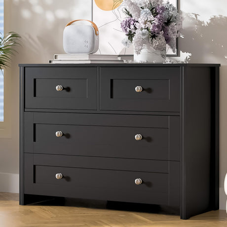 SunsGrove 40 inch Wide 4 Drawer Dresser, Modern Black Wooden Chest for Home Organization, Storage Cabinet for Bedroom, Living Room, Home Office SunsGrove