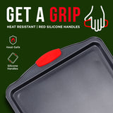Baking Pan Set – 3 Piece Cookie Sheet – Deluxe Black Non-Stick Carbon Steel – Silicone Handles – Commercial Grade Restaurant Quality – PFOA PFOS and PTFE Free by Bakken BAKKENMASTER