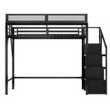 KALALLA Queen Size Loft Bed with Convertible Stairs and LED, USB Ports, Heavy-Duty Metal Loft Bunker Bed with Storage Shelves Integrated Wardrobe for Kids Boys Adults, Black Woodgrain KALALLA