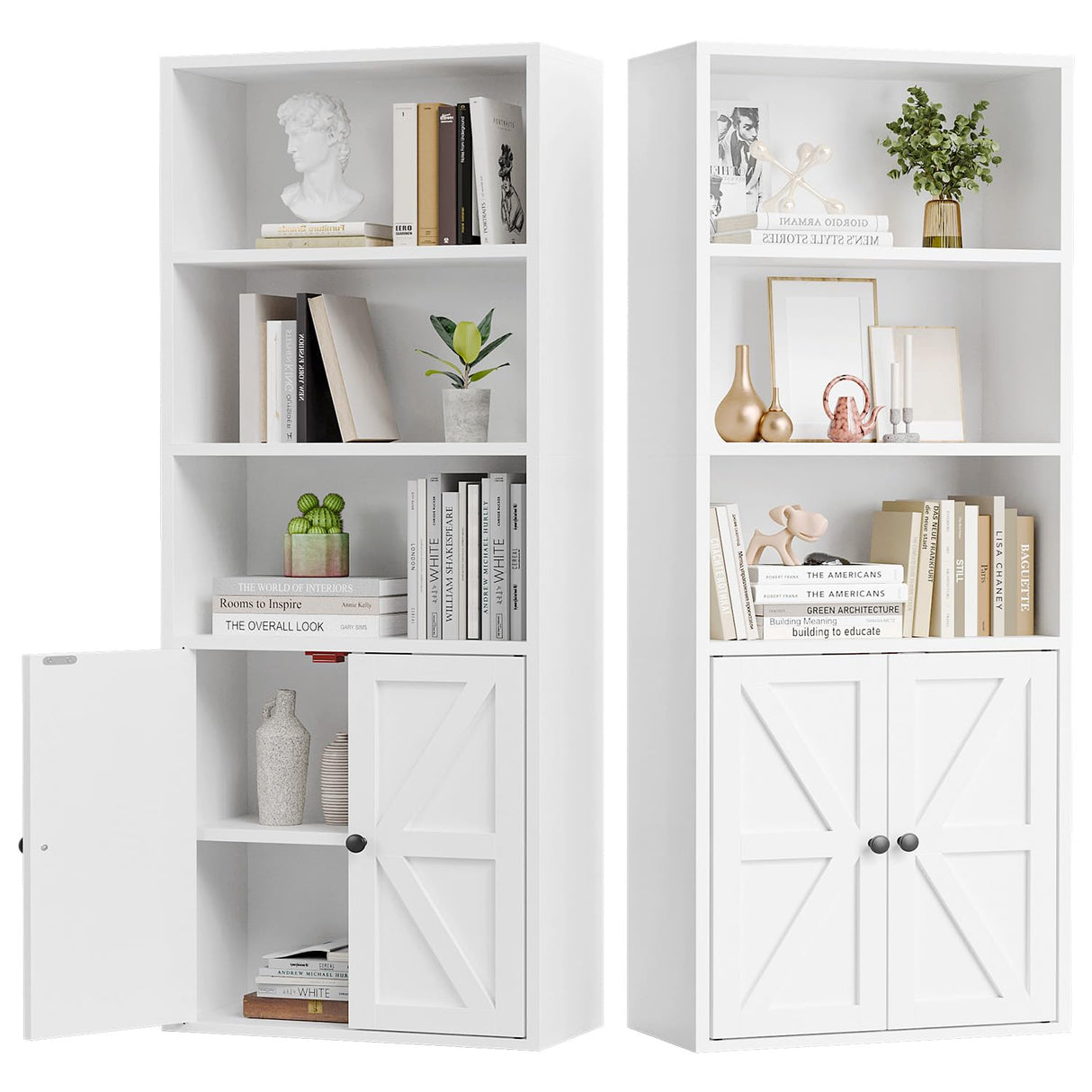 oneinmil 5 Tier Bookshelves and Bookcase with Doors Industrial Set of 2 Double Wide Floor Standing Book Shelf 59" Tall Display Shelves Bookshelf with Storage Cabinets for Living Room, White oneinmil