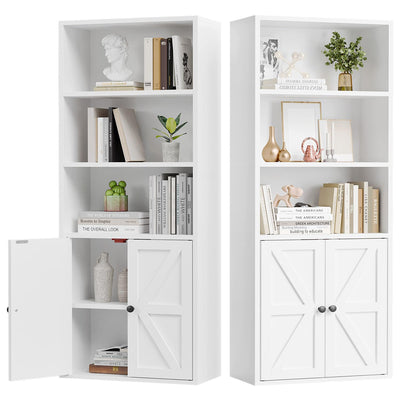 oneinmil 5 Tier Bookshelves and Bookcase with Doors Industrial Set of 2 Double Wide Floor Standing Book Shelf 59" Tall Display Shelves Bookshelf with Storage Cabinets for Living Room, White