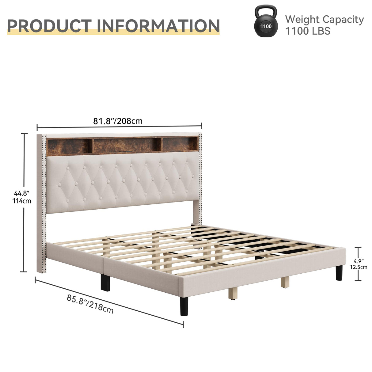 DWVO King Bed Frame with Upholstered Headboard, Platform Bed Frame with LED Lights & Charging Station, No Box Spring Needed, Beige DWVO