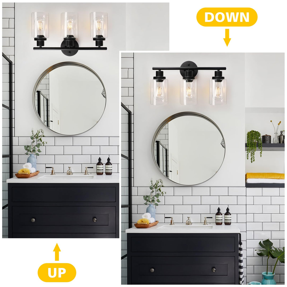 Unicozin Modern Bathroom Light Fixtures, 3 Light Vanity Lights, Black Wall Lamp with Clear Glass for Bathroom, Mirror, Living Room, Bedroom, Hallway, E26 Base Unicozin