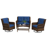 Outsunny 4 Piece PE Rattan Outdoor Patio Furniture Set, Wicker Conversation Set with 2 Swivel Rocking Chairs, 2-Tier Glass Table and Loveseat for Garden, Patio, Poolside, Blue Outsunny