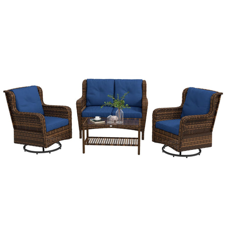 Outsunny 4 Piece PE Rattan Outdoor Patio Furniture Set, Wicker Conversation Set with 2 Swivel Rocking Chairs, 2-Tier Glass Table and Loveseat for Garden, Patio, Poolside, Blue Outsunny