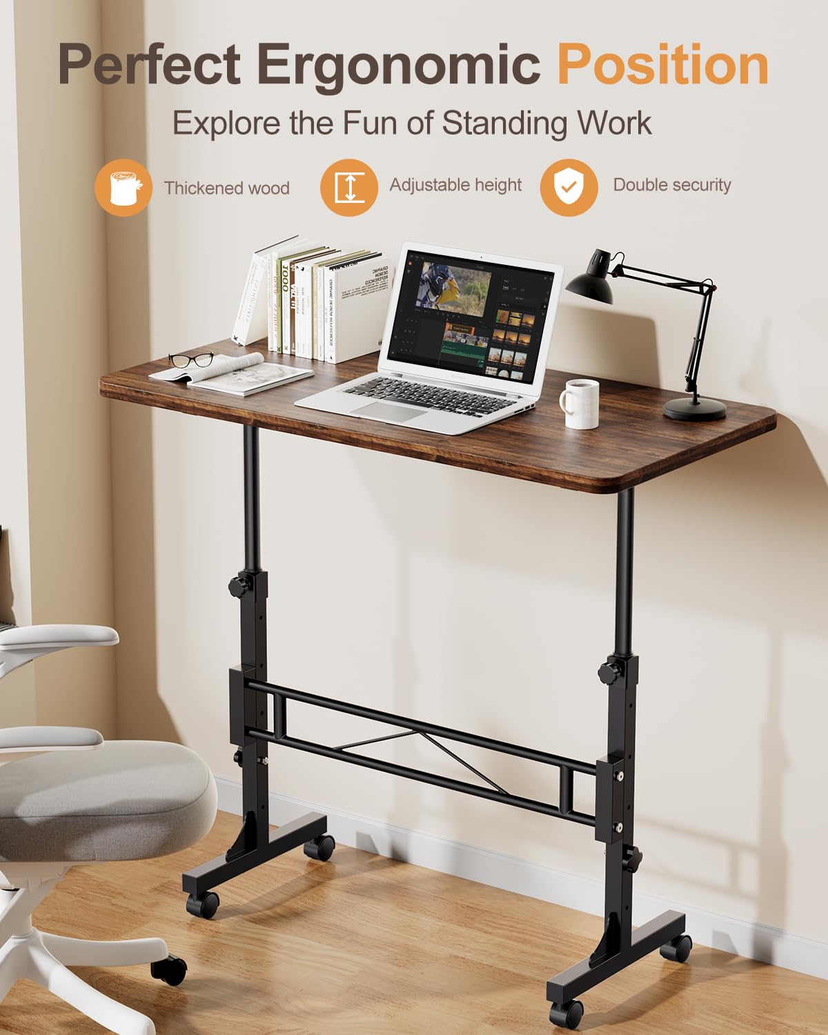 Small Standing Desk Adjustable Height, Mobile Stand Up Desk with Wheels, 32 Inch Portable Rolling Desk Small Computer Desk, Portable Laptop Desk Standing Table Rustic