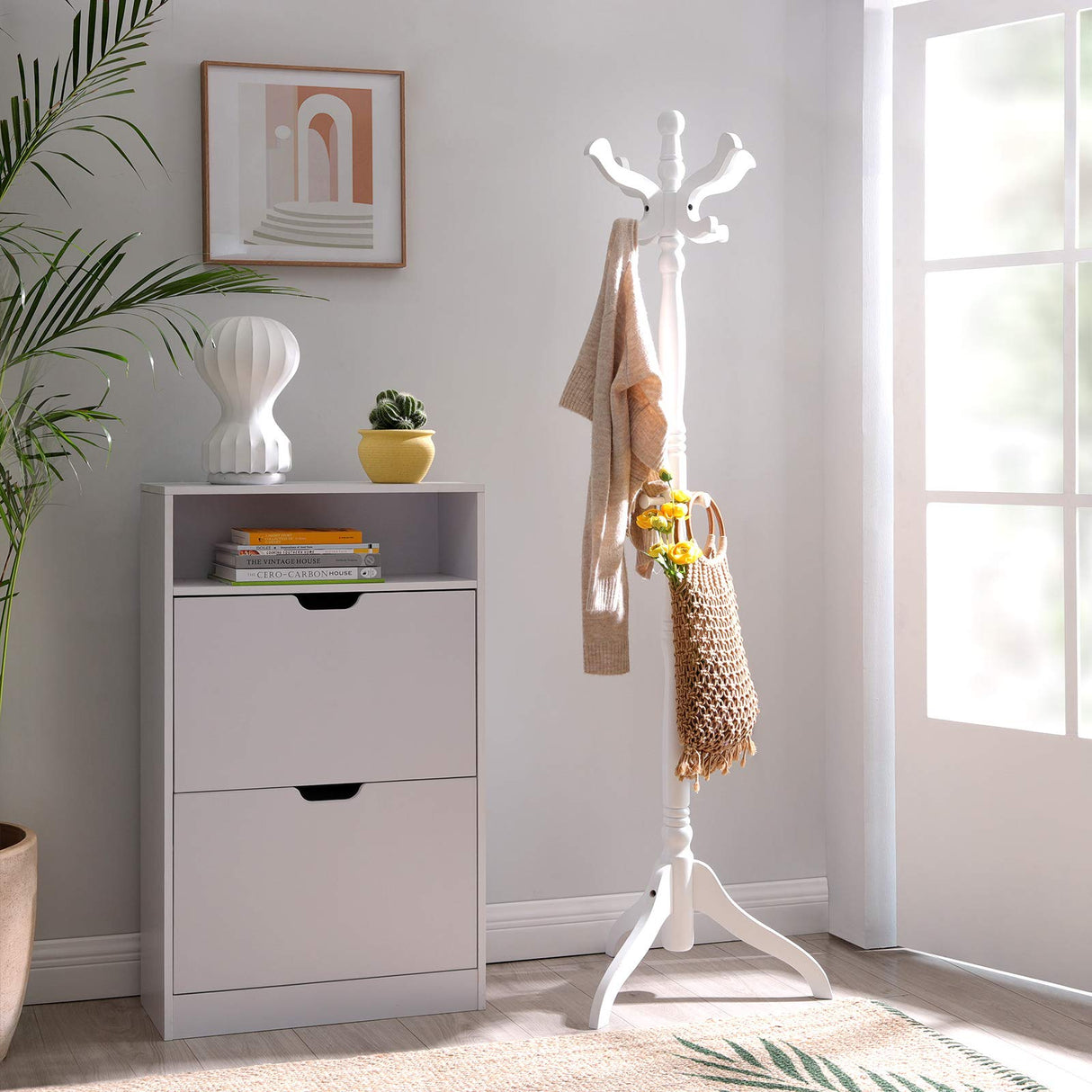 VASAGLE Coat Rack Free Standing with 11 Hooks, Wooden Hall Tree Coat Hat Tree Coat Holder with Solid Rubberwood Base for Coat, Hat, Clothes, Scarves, Handbags, Umbrella, White URCR005W02 VASAGLE