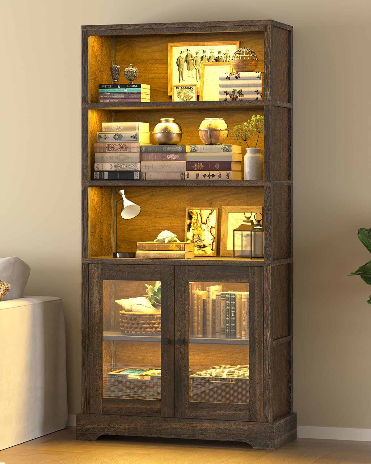 TVU 5-Tier Bookcase with Cabinet & LED, Wood 65 Inch Tall Bookshelf with Storage, Floor Standing Display Book Shelf for Living Room, Office, Study, Entryway (Rustic Brown) TVU