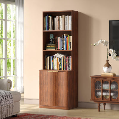 Hootata 71" Walnut Bookcase with Doors, 5 Tier Fluted Tall Bookshelf with Storage, Librero with Cabinet for Home Office, Living Room,or Bedroom