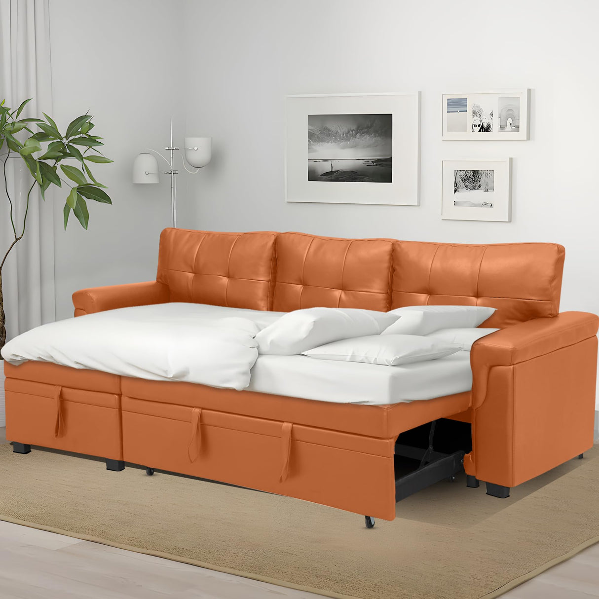 Naomi Home Transform Any Space: Sleeper Sectional Sofa with Convertible Sofa Bed & Inviting Chaise. Find Tranquil Comfort with Stress-Relieving Design & Durable Cushions - Caramel,Air Leather Naomi Home