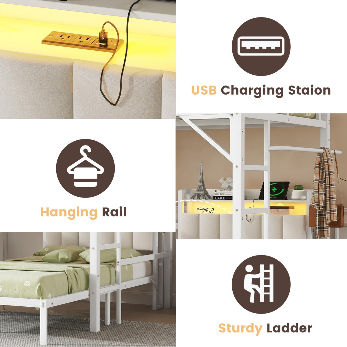 MoproBeti Bunk Bed with Desk,Upper Shelf & Storage Bookshelves,Metal L-Shaped Full Over Twin Bunk Beds with LED & Charge Station,Full Loft Bed w/Ladder,Safety Guardrail for Boys Girls,White MoproBeti