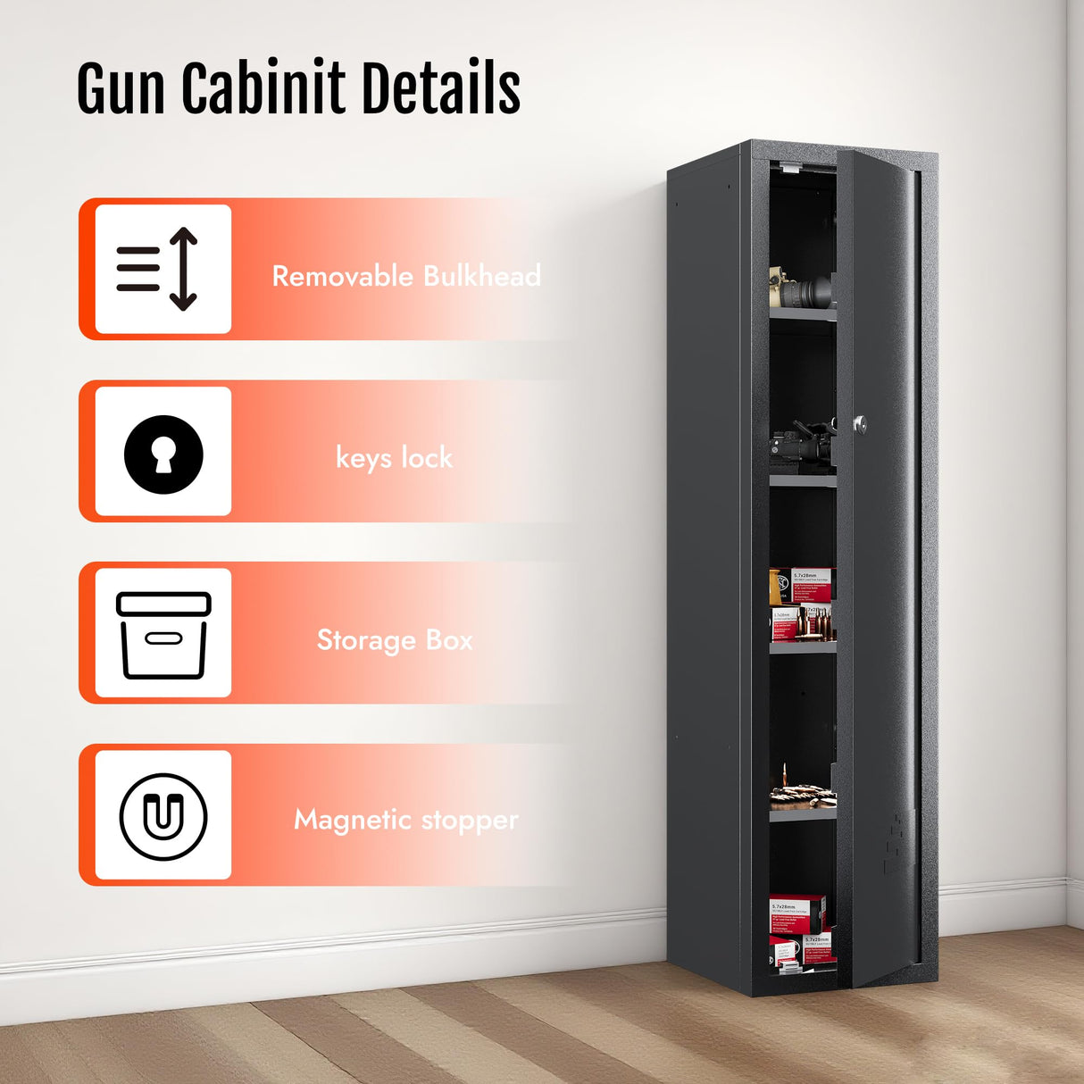 KAER Ammo Cabinet 59-Inch Tall Gun Cabinet Ammo Safe for Home Safes Use Quick Access with Ammunition Compartment and Removable Shelves Guns Accessories KAER