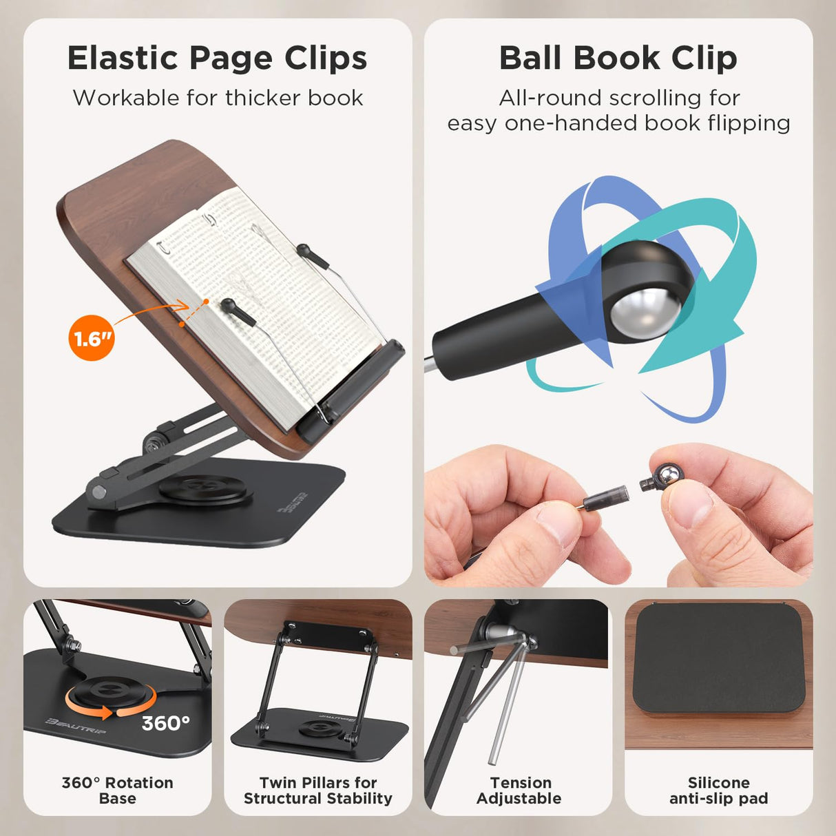 BEAUTRIP Book Stand for Reading, Foldable Book Holder for Desk Hands Free, Display Stand for Office, Kitchen, Cookbooks, Textbook, Recipe, Magazines, Tablets and Laptops with 360° Rotating Base BEAUTRIP