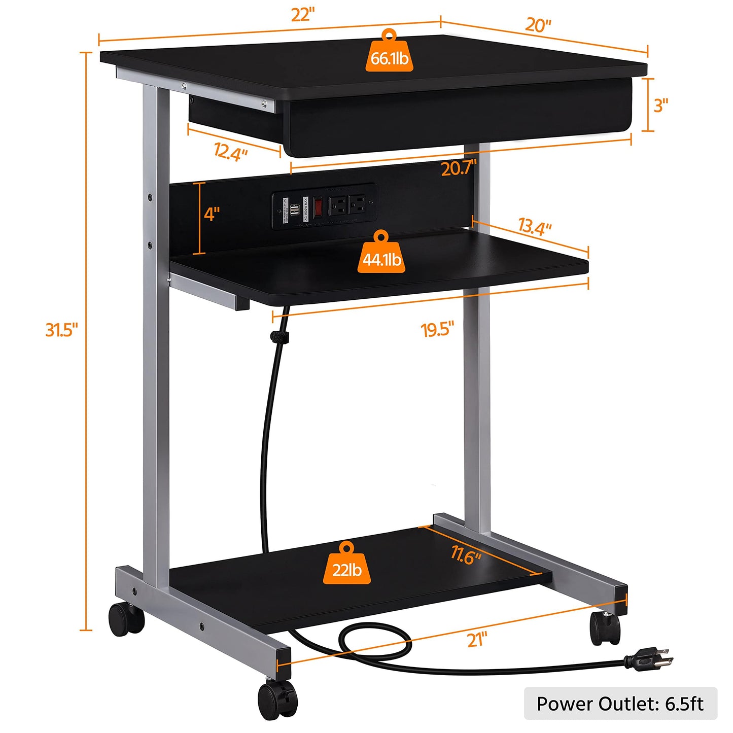 Yaheetech 22 in Laptop Computer Table Home Office Desk with Power Outlet for Small Space, Mobile Compact Corner Desk with Charging Station and USB Ports on Wheels, Student Writing Desk Table, Black